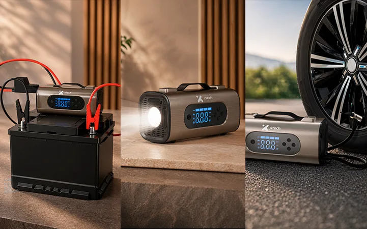 Todo lo que necesitas en la carretera, en un solo equipo: Arrancador de batería, inflador de neumáticos y monitor de presión integrados — además de una luz LED con modo SOS para emergencias. Conduce con total tranquilidad, de día o de noche.